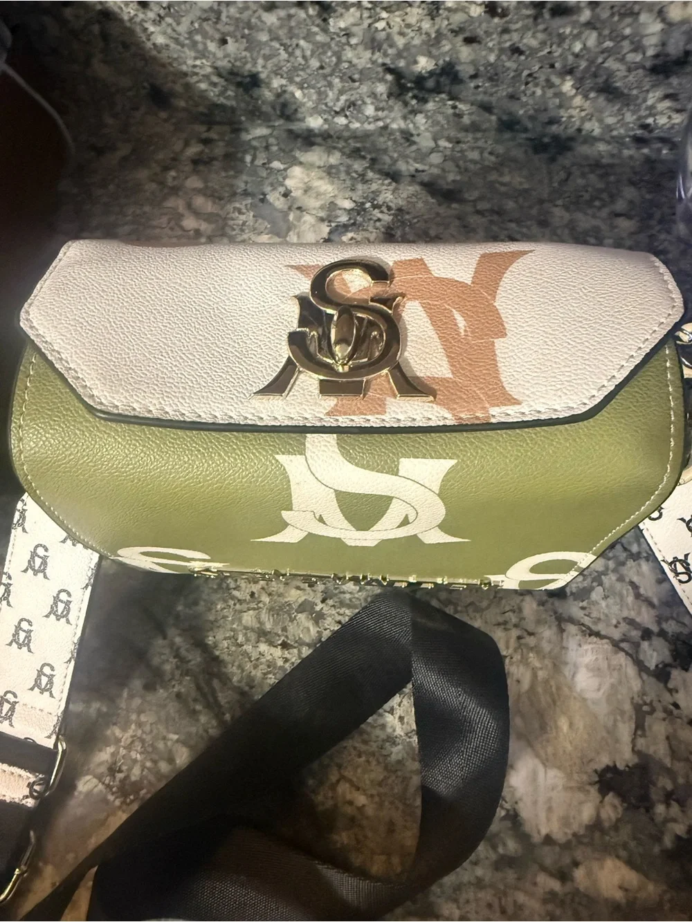 Steve Madden Olive Green Logo Shoulder Bag with White Monogram